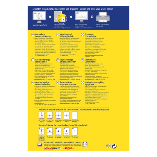 Kuva on monikielinen mainos säänkestävistä lähetysosoitetarroista, jotka on suunniteltu lasertulostimille. Se sisältää tuotemäärittelyjä ja ominaisuuksia, kuten materiaali-informaatiota ja tulostussuosituksia useilla kielillä, mukaan lukien saksa, englanti ja muita.