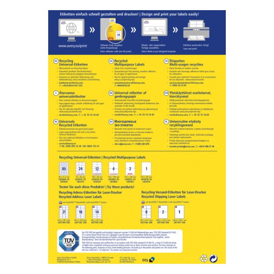 Kuva sisältää tietoa Averyn tarjoamista kierrätysetiketeistä, mukaan lukien tuotemäärittelyt, tulostusohjeet ja tukikontaktit useilla kielillä.