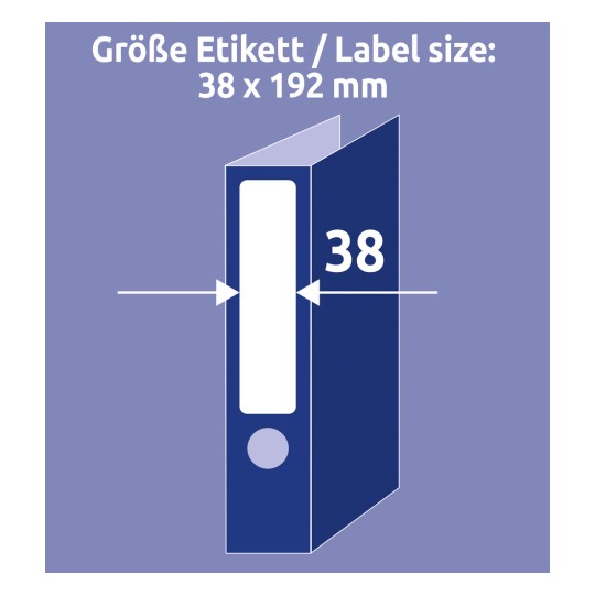 Kuva näyttää kansion etiketin koolle annetut mitat, jotka ovat 38 x 192 mm.
