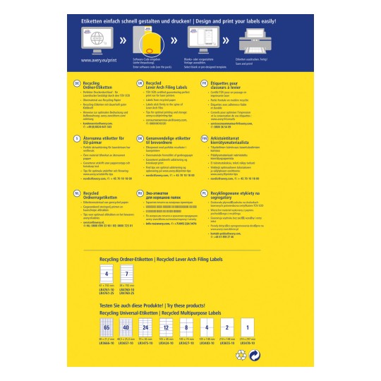 Tämä kuva esittelee erilaisia suunnittelu- ja tulostustarroja, korostaen kierrätysvaihtoehtoja ja eritelmiä eri kielillä.