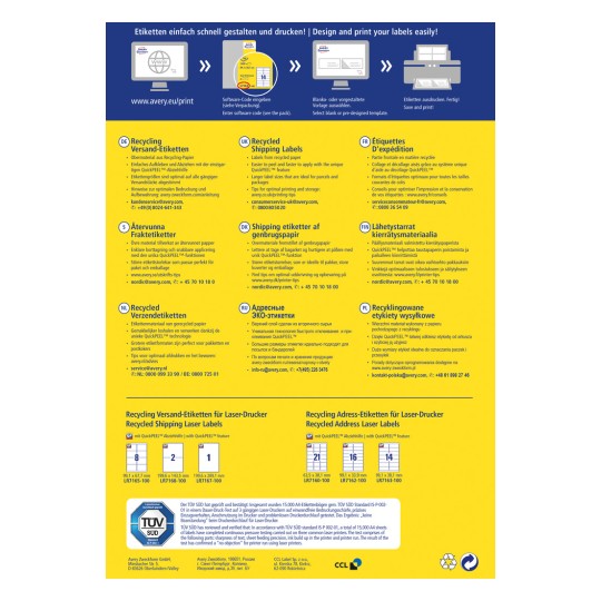 Kuva näyttää Avery-kierrätysetikettien monikielisen oppaan, joka antaa ohjeita suunnitteluun, tulostamiseen ja optimaaliseen käyttöön, sisältäen erilaisia etikettiformaatteja ja tietoja eri kielillä.