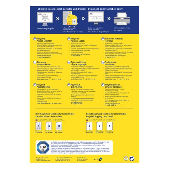 Kuva sisältää tietoa kierrätetyistä osoitelapuista ja niiden tulostusohjeista useilla kielillä. Siinä on tietoja käytöstä, vinkkejä optimaaliseen tulostukseen sekä lapun teknisiä tietoja. Suunnittelussa korostetaan helppoa tulostusta ja QuickPEEL-ominaisuutta etiketeille sekä yhteystietoja asiakaspalveluun.