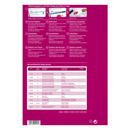 Kuva esittelee etikettien suunnittelu- ja painatusvaihtoehtoja, mukaan lukien erilaiset etikketit pullolle ja tekstiileille, ohjeineen useilla kielillä. Se sisältää tuotekoodit, muodot, kuvaukset, sisällön ja pakkaustiedot. Asettelu on värikäs ja järjestelmällinen, tarjoten selkeän yleiskuvan saatavilla olevista tuotteista.