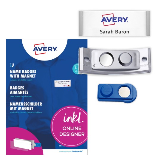 Pakkauskuva tunnusarkilla: Avery Zweckform, Artikkeli: POL20MA66-20DR, Magneettiset nimikyltit, Koko: 68 x 22 mm, Tulostuskelpoisuus: värilasertulostin, mustavalkolasertulostin, mustesuihkukirjoitin, Sisältö: 20 kylttiä / 120 taskukylttiä / 5 arkkia, 24 korttia/arkki?