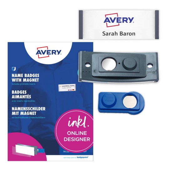 Pakkauskuvaus tarrapaperilla: Avery Zweckform, Artikkeli: POL30MA02-5DR, Magneettiset nimikyltit, Koko: 70 x 30 mm, Tulostuskelpoisuus: Väritulostin, Mustavalkolasertulostin, Mustesuihkutulostin, Sisältö: 5 kylttiä / 18 etikettikylttiä / 1 arkki, 18 korttia/arkki?