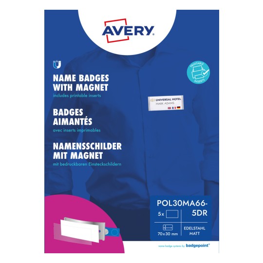 Pakkauskuva: Avery Zweckform, Artikkeli: POL30MA66-5DR, Koko: 70 x 30 mm, Tulostuskelpoisuus: värilaser, mustavalkolaser, mustesuihku, Sisältö: 5 kilpeä / 18 sisäänpantavaa kilpeä / 1 arkki, /arkki?