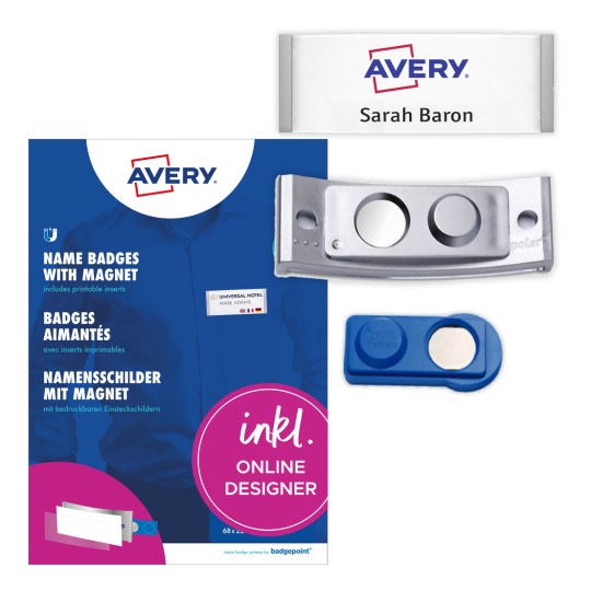 Pakkauskuva etikettilevyllä: Avery Zweckform, Artikkeli: POL30MA66-5DR, Magneettiset nimikyltit, Koko: 70 x 30 mm, Tulostuskelpoisuus: Väritulostin, Mustavalkolasertulostin, Mustesuihkutulostin, Sisältö: 5 kilpeä / 18 vaihdettavaa kilpeä / 1 levy, 18 korttia/levy?