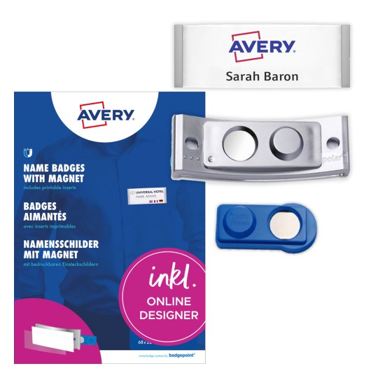 Pakkauskuva tarra-arkeilla: Avery Zweckform, tuote: POL35MA66-20DR, magneettiset nimikyltit, koko: 80 x 34 mm, tulostuskelpoisuus: väritulostin, mustavalkolasertulostin, mustesuihkutulostin, sisältö: 20 kylttiä / 80 vaihtokappaletta / 5 arkkia, 16 korttia/arkki.