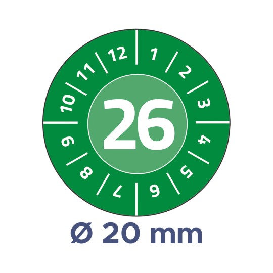Kuvassa on pyöreä valitsin, joka on merkitty numeroilla 1–12, ja keskellä on näkyvästi esillä numero 26. Valitsimen alapuolella on huomautus, jossa ilmoitetaan halkaisija 20 mm vihreää taustaa vasten.