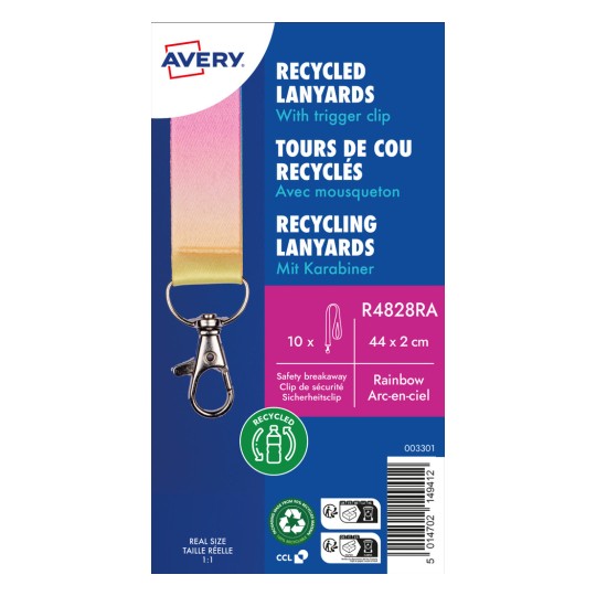 Avery-merkkisten kierrätettyjen avainkaulanauhojen kuva, jossa on liipaisuklipsi, sateenkaaren värit, 10 kappaleen pakkaus, turvalukkomekanismi ja kierrätysmateriaalien logo.