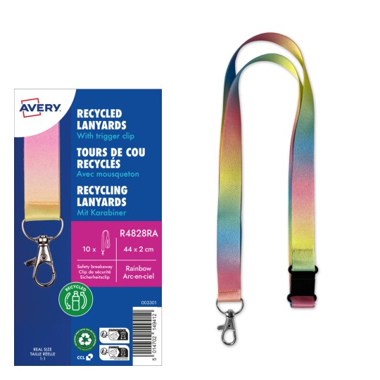 Kuva esittää kierrätettyjen kaulanauhojen pakkauksen, jossa on sateenkaaren värimallin muotoilu ja pikakiinnike. Pakkaus korostaa sen ominaisuuksia ja teknisiä tietoja.