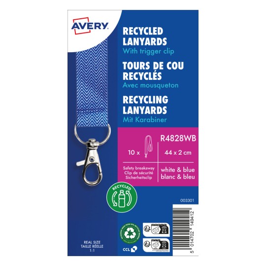 Tämä kuva esittää Avery-merkin kierrätettyjen kaulanauhojen pakkausetikettiä, jossa on sinivalkoinen muotoilu, liipaisinkoukku, kierrätyssymbolit ja tuotetiedot.