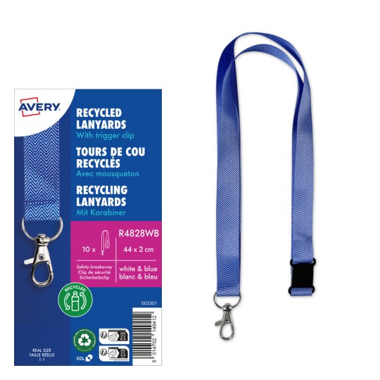 Kuva esittää Avery-merkkisen kierrätetyn kaulanauhapakkauksen, jossa on sinivalkoinen muotoilu, liipaisuklipsi ja pakkauksessa luetellut tekniset tiedot.