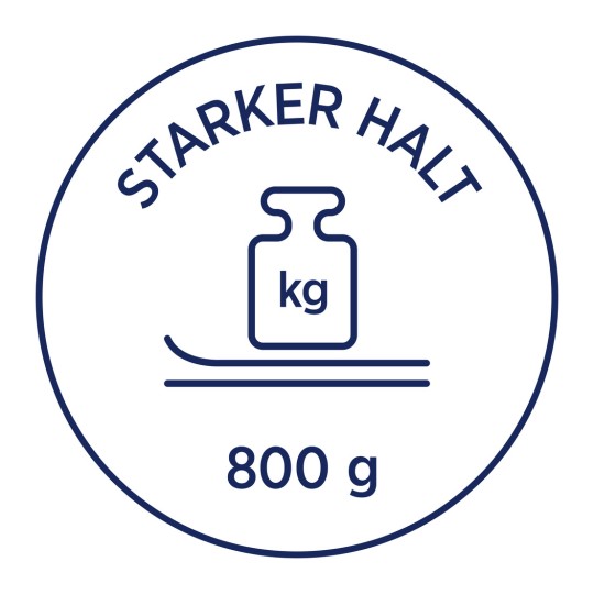 Kuvassa on etiketti tai kuvake, jossa on teksti 'STARKER HALT' ylhäällä. Siinä on painosymboli (vaakaa muistuttava pullo), jossa on merkintä 'kg'. Alapuolella on paino '800 g'.