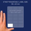 Kuva näyttää tarran koon 38 x 24 mm käden rinnalla, ja taittoruudukon nimeltä BOGENFORMAT, jonka mitat ovat 120 x 157 mm.