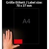 Kuvassa näkyy käsi suorakaiteen muotoisen alueen vieressä, jossa on tulostettu etikettikoko 70 x 37 mm, asetettuna A4-kokoiselle arkille.