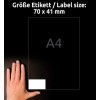 Kuvassa on käsi lapun vieressä, joka osoittaa sen koon olevan 70 x 41 mm, ja yläpuolella tummalla taustalla lihavoidulla tekstillä lukee 'A4' ja 'Größe Etikett / Label size:'.
