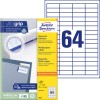 Pakkauskuva tarralevyillä: Avery Zweckform yleiskäyttötarrat, tuote: 3667, koko: 48,5 x 16,9 mm, tulostuskelpoisuus: mustesuihku, mustavalkolasertulostin, värilasertulostin, sisältö: 6 400 tarraa / 100 arkkia, 64 tarraa/arkki.