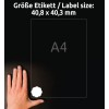 Kuva esittää kättä läpinäkyvän tarran tai arkkin vieressä, jossa on mitat ja merkintä 'A4'. Tausta on tumma, korostaen tarran kokoa 40,8 x 40,3 mm.