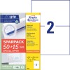 Pakkauskuva etikettiarkilla: Avery Zweckform yleisetiketit, Artikkeli: 6604, Koko: 210 x 148 mm, Tulostustuki: Mustesuihku, Mustavalkolaser, Väritulostin, Sisältö: 130 etikettiä / 65 arkkeja, 2 etikettiä/arkki.