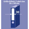 Kuva näyttää etiketin kokomääritelmän 30 x 190 mm ja etiketin paikan visuaalisen esityksen kansion selässä.