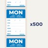 Kuvassa näkyy irrotettavia tarroja, joissa lukee suurilla kirjaimilla 'MON', sekä osiot päivämäärälle, tuotteelle, määrälle, nimelle ja huomautus 'x500'.
