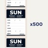 Kuva sisältää Avery-tarroja, joissa on merkintä "SUN" ja tilaa päivämäärälle, tuotteelle, määrälle, nimelle ja viimeiselle käyttöpäivälle. Mukana on useita tarroja, yhteensä 500.