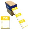 Kuva esittää Averyn irrotettavien keltaisten etikettien laatikon, jossa on osio "TUE" sekä tilat päivämäärälle, tuotteelle, määrälle, nimelle ja viimeiselle käyttöpäivälle.