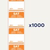 Kuva esittää irrotettavia tarroja, joissa on sana 'SAT' oranssilla ja käännöksiä eri kielillä. Se osoittaa määrän 1000.