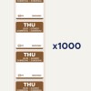 Kuvassa on arkillinen irrotettavia tarroja, joissa lukee 'THU' ja käännökset useilla kielillä. Arkilla on useita tarroja ja merkintä 'x1000'.