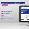 Kuva esittää tietokoneruudun, jossa näkyy Avery Design & Print -ohjelmisto ja ohjeet helppoon luomiseen. Se luettelee seuraavat vaiheet: syötä ohjelmistokoodi, valitse suunnittelu, luo oma suunnittelusi ja tulosta yhdistämällä postit.