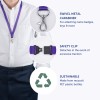 Kuvassa on violetti kaulanauha, jossa on kääntyvä metallinen karabiini esineiden kiinnittämiseen, turvakiinnike irrottamista varten liiallisen vedon aikana, sekä tieto sen kestävyydestä, joka osoittaa, että se on valmistettu kierrätetyistä PET-muovipulloista.
