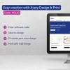 Kuva mainostaa Avery Design & Print -ohjelman käyttöä yksilöllisten etikettien ja korttien luomiseen. Siinä luetellaan vaiheet, kuten ohjelmistokoodin syöttäminen, suunnittelun valitseminen tai luominen ja tulostaminen yhdistämällä postitustietoja.