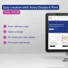 Kuva sisältää mainosviestin Avery Design & Printille, jossa esitetään neljä käyttövaihetta: ohjelmistokoodin syöttäminen, suunnittelun valitseminen tai luominen ja tulostus yhdistämällä kirjeenvaihtoa, mukana koodi POL30.