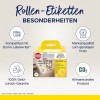 Kuva esittää Avery Zweckform -rullatarrapakettia. Se korostaa yhteensopivuutta Dymo Labelwriter -laitteiden kanssa, tarjoaa korkeaa laatua edulliseen hintaan, 100 % rahat takaisin -takuun ja painottaa ilmastoneutraaleja tuotepiirteitään.