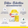 Kuvassa on Avery Zweckformin etikettirullapakkaus, jossa korostetaan sen yhteensopivuutta Dymo LabelWriter -laitteen kanssa, laatuvarmistuksia, rahat takaisin -takuuta ja kestävän paperin hankintaa.
