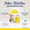 Kuva näyttää Avery Zweckformin rullatarrojen pakkauksen, korostaen yhteensopivuutta Dymo LabelWriterin kanssa, rahanpalautustakuuta, edullista merkkilaatua ja kestävän kehityksen mukaista paperia.