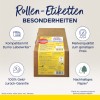 Kuva esittää paketin lähetysetikettejä, jotka ovat yhteensopivia Dymo LabelWriterin kanssa. Se korostaa keskeisiä ominaisuuksia, kuten rahat takaisin -takuun, brändilaadun edulliseen hintaan ja ympäristöystävällisen paperin.