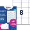 Pakkauksen kuvaus etikettilehtien kanssa: Avery Zweckform, artikkeli: L4728-20, sisäänrakennettavat lipukkeet, koko: 60 x 90 mm, tulostustarkoitus: mustesuihku, värilasertulostus, mustavalkolasertulostus, kopiokone, sisältö: 160 sisäänrakennettavaa lipuketta / 20 arkkia, 8 korttia/arkki.