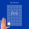 A4-arkki, jossa on 35×35 mm:n ruutujen ruudukko, yksi valkoinen ruutu ja käsi vasemmassa alakulmassa?