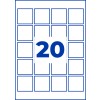 20 sinisellä ääriviivalla rajatun neliön ruudukko, jonka keskellä on suuri sininen numero 20?