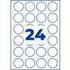 Arkkia, jossa on 24 sinisellä reunustettua pyöreää tarraa ja keskellä suuri sininen numero 24?