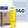 Avery Ultragrip -monikäyttöisten tarrojen pakkaus, jossa näkyy 140 pientä neliönmuotoista tarraa ja pahvilaatikko?