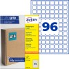 Avery Ultragrip -monikäyttöinen tarrapakkaus, jossa näkyy 96 sinistä neliönmuotoista tarraa ja pakkaus?
