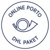 Kuvassa on pyöreä logo tai leima, jossa lukee 'ONLINE PORTO' yläosassa ja 'DHL PAKET' alaosassa, keskellä silmää muistuttava grafiikka.